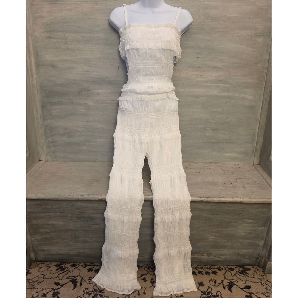 Fashion Nova "Keila" White Smocked Tiered Ruffle Jumpsuit Size Medium NWT